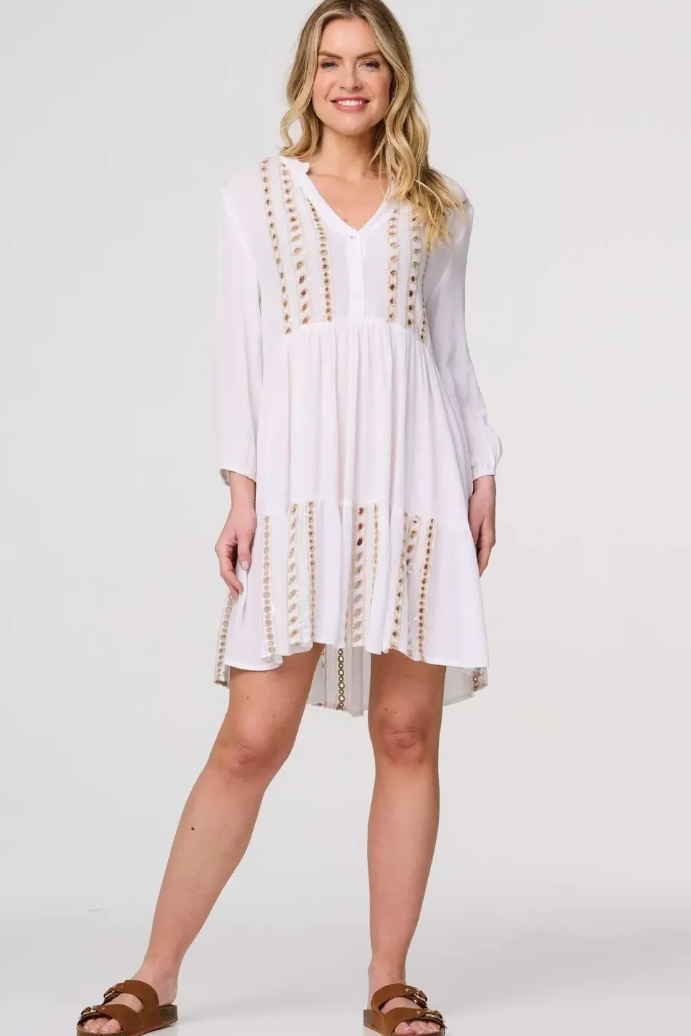 Embroidered V-Neck Tiered Smock Dress