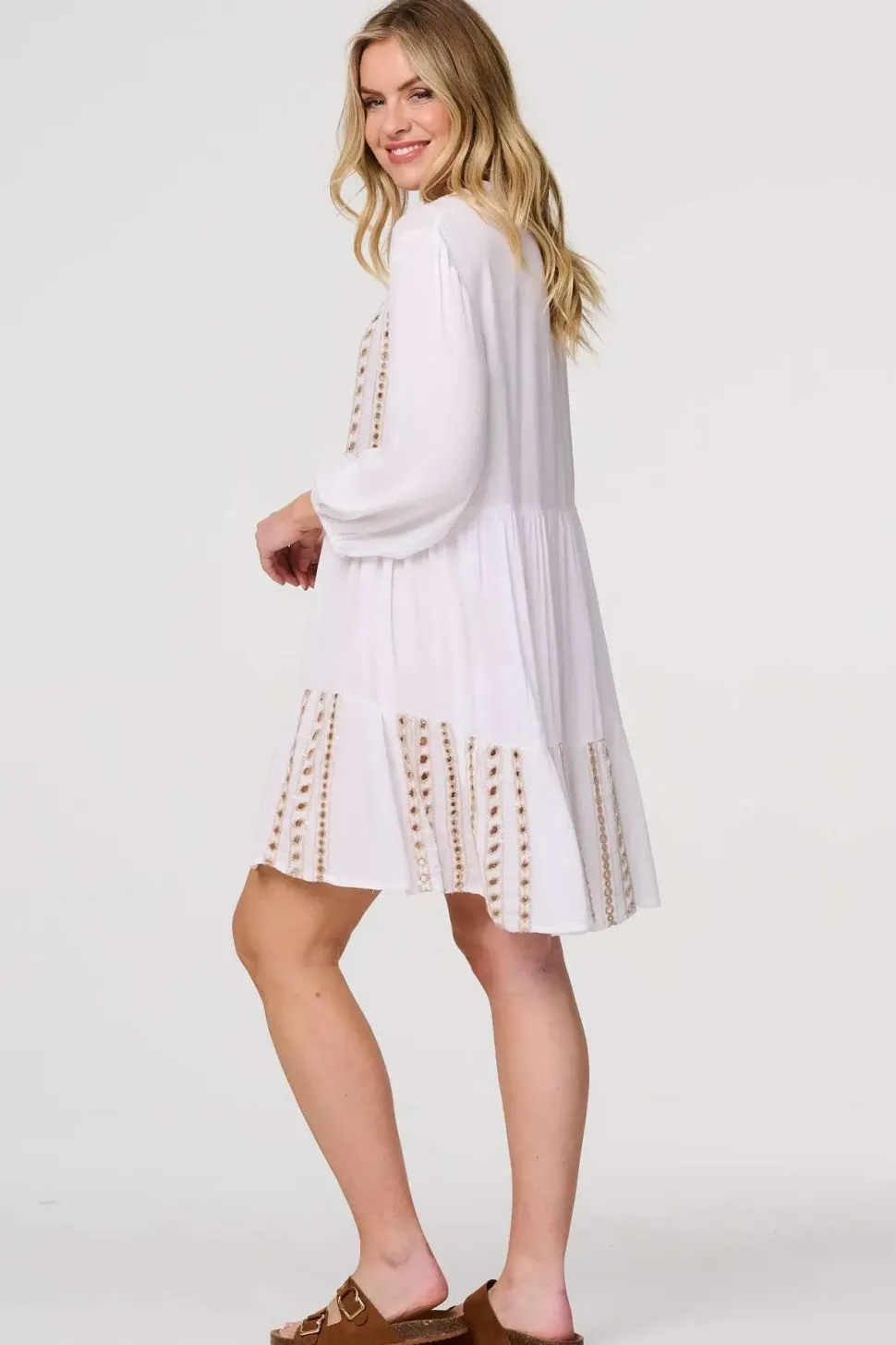 Embroidered V-Neck Tiered Smock Dress