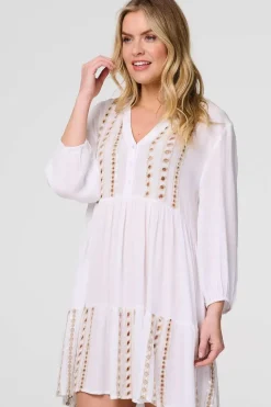 Embroidered V-Neck Tiered Smock Dress