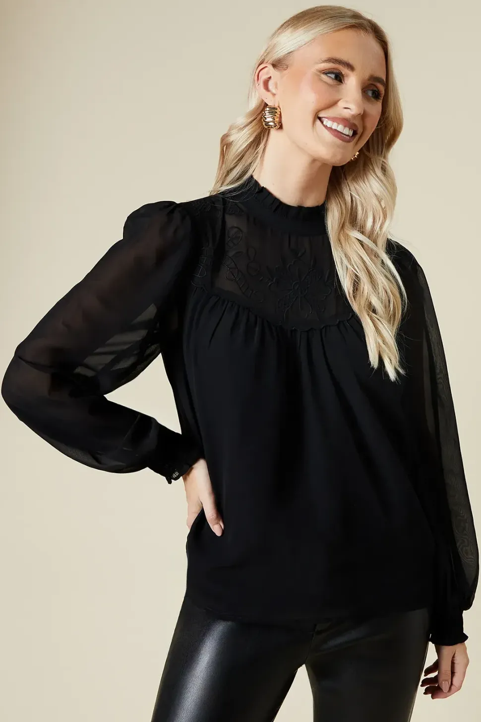 Embroidered Yoke Chiffon Long Sleeve Blouse