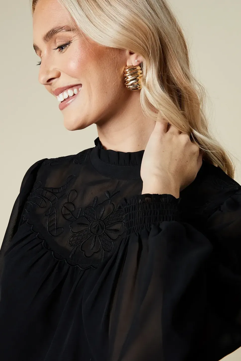 Embroidered Yoke Chiffon Long Sleeve Blouse