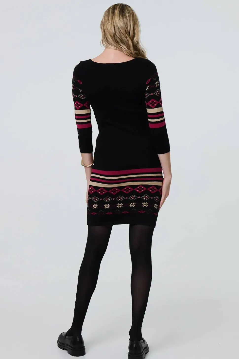 Fair Isle Striped 3/4 Sleeve Short Dress