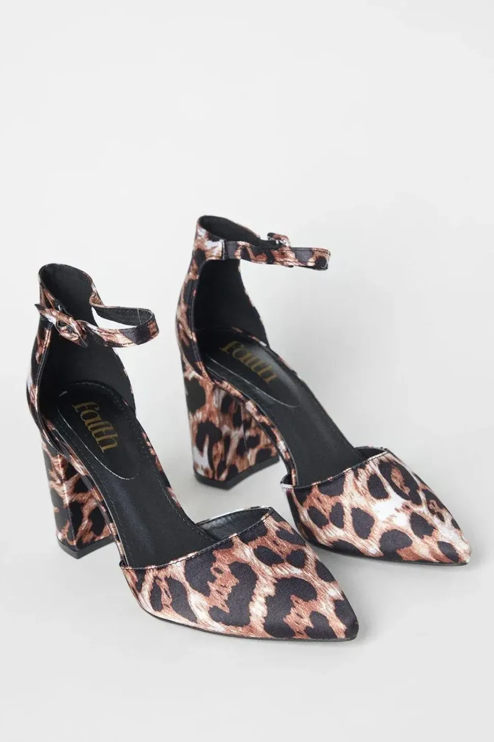 Faith: Crystabel Leopard Print Pointed High Block Heel Court Shoes