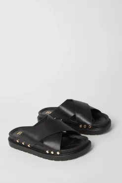Faith: Hunter Cross Strap Studded Footbed Slider Sandals