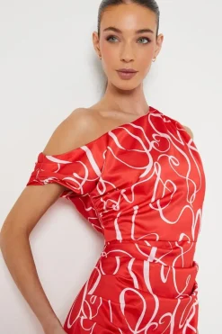 Fallen Shoulder Printed Satin Midi Dress