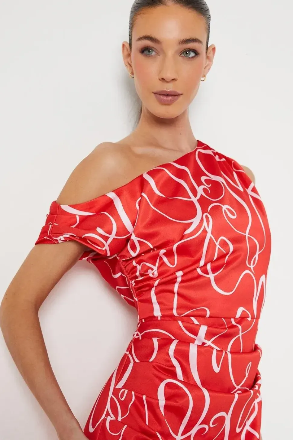 Fallen Shoulder Printed Satin Midi Dress