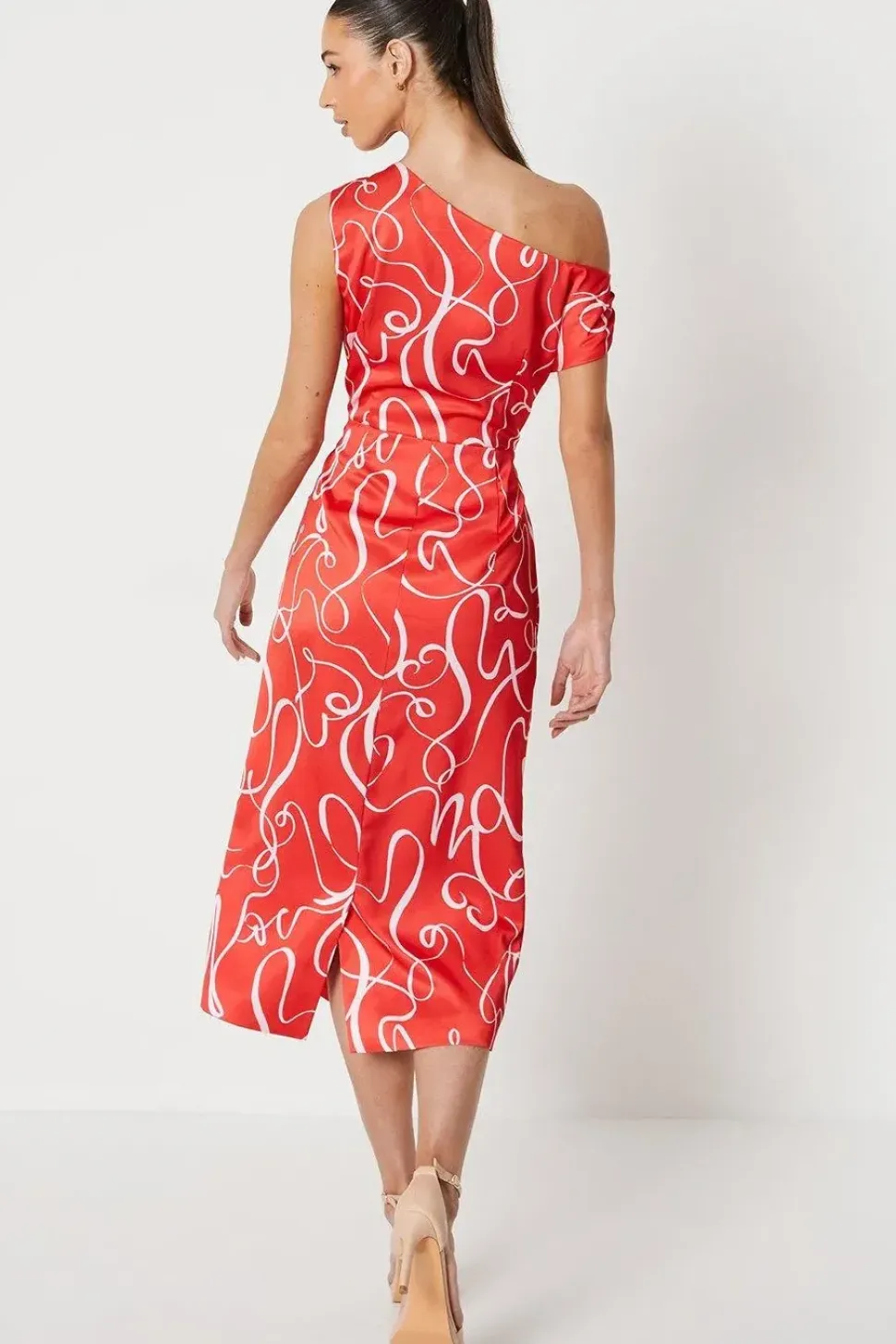 Fallen Shoulder Printed Satin Midi Dress
