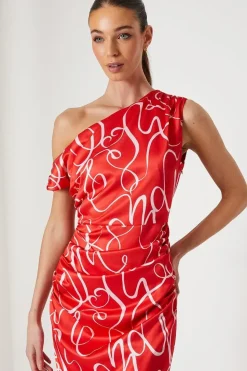 Fallen Shoulder Printed Satin Midi Dress