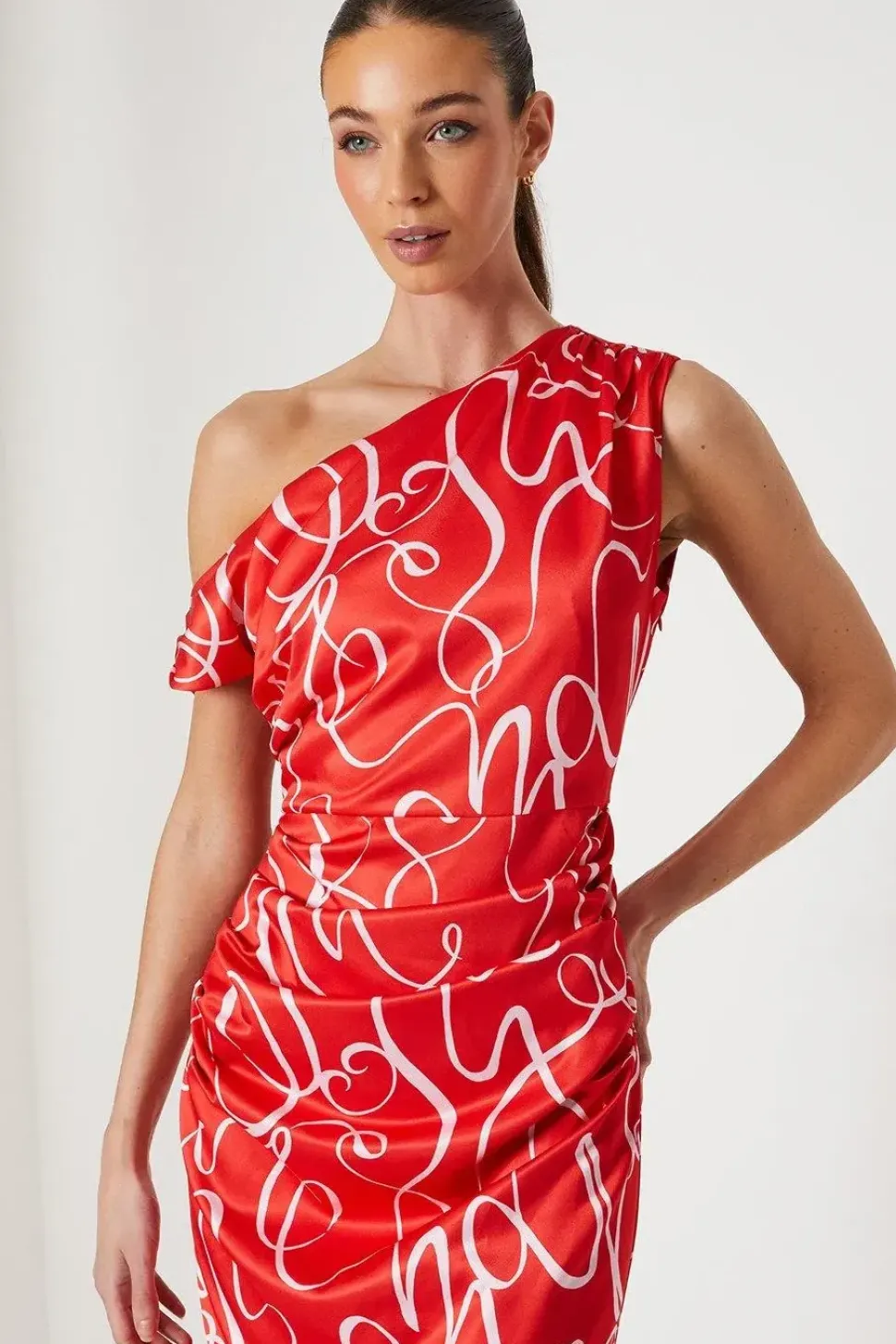 Fallen Shoulder Printed Satin Midi Dress