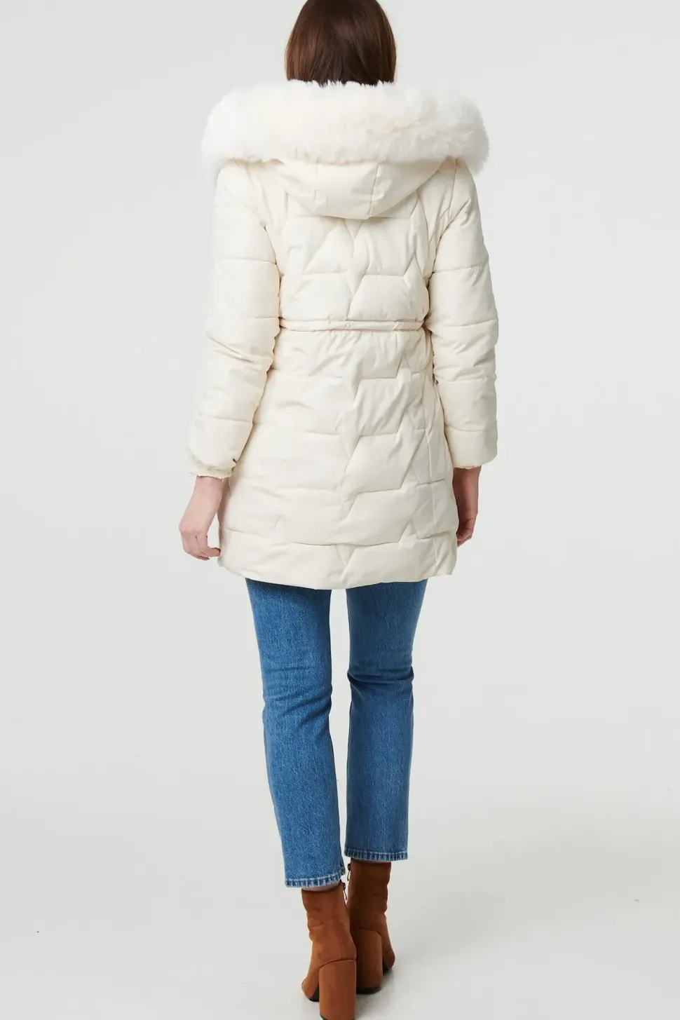 Faux Fur Hooded Tie Waist Puffer Jacket