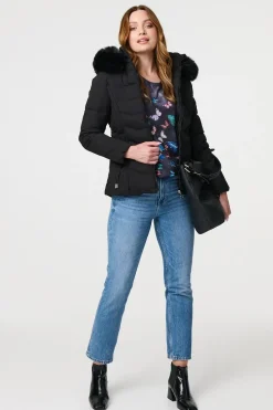 Faux Fur Hooded Zip-Up Puffer Jacket