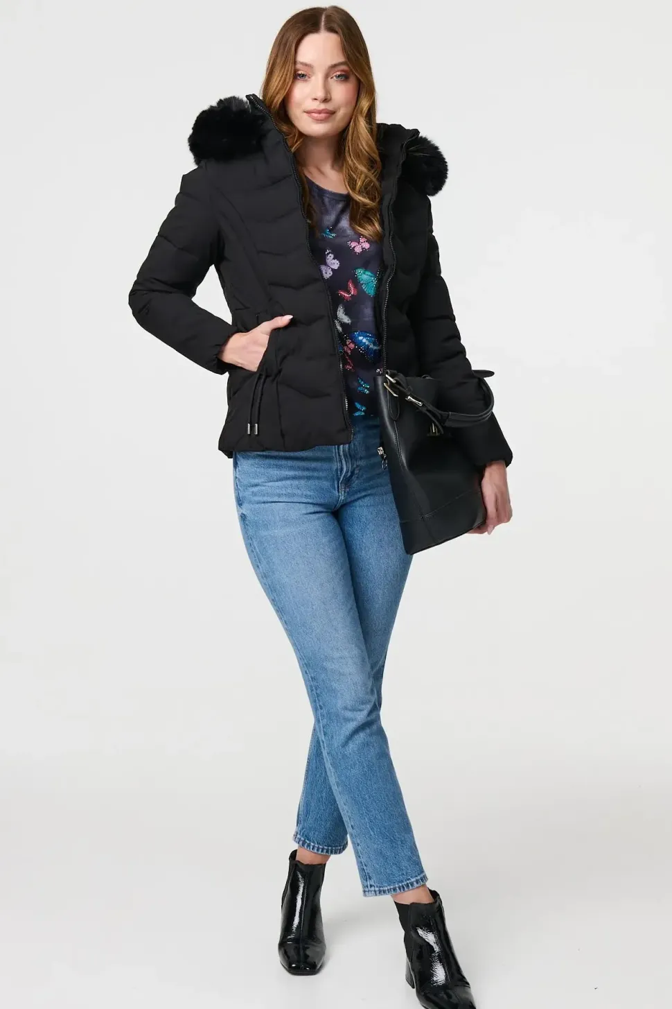 Faux Fur Hooded Zip-Up Puffer Jacket