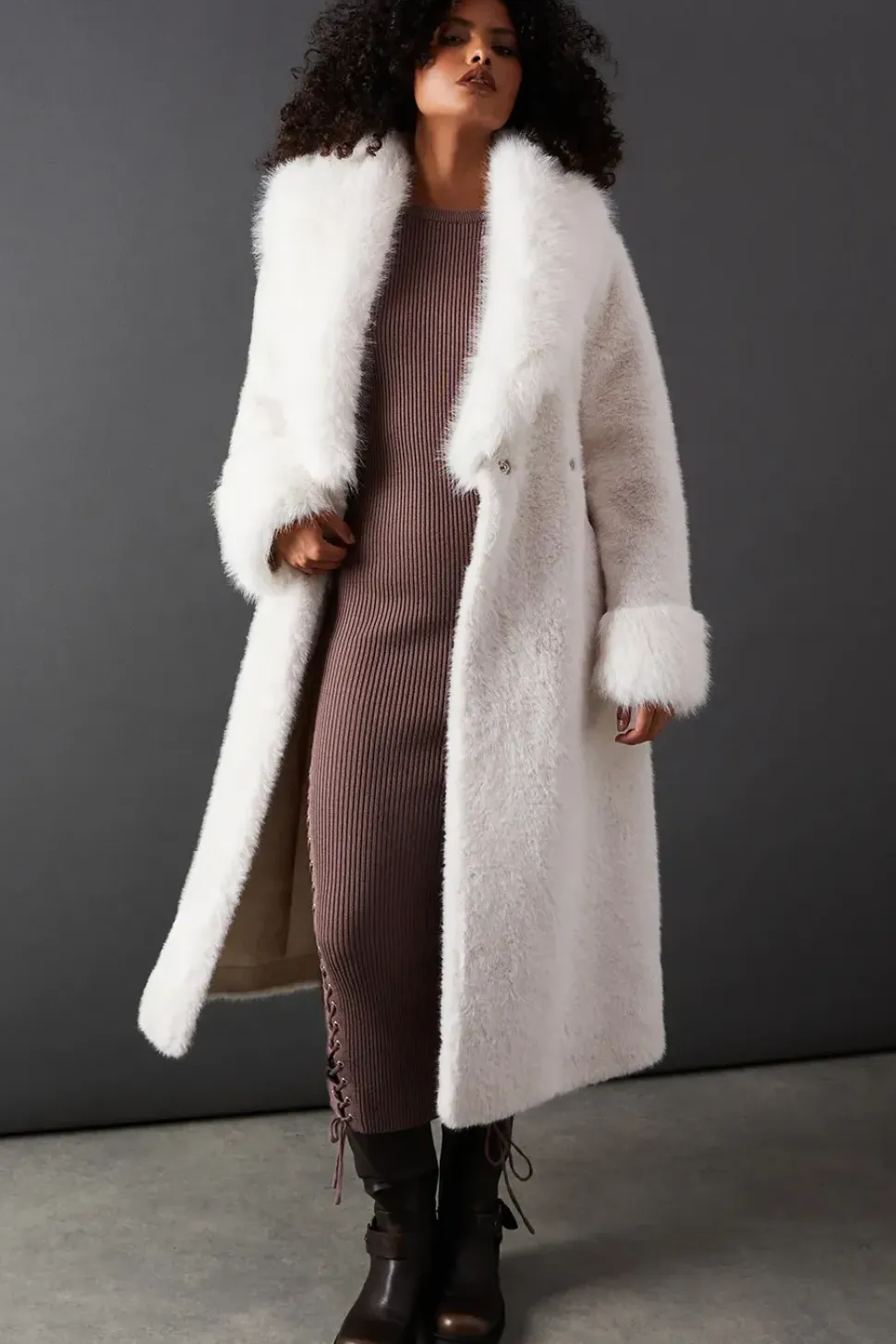 Faux Fur Longline Belted Coat