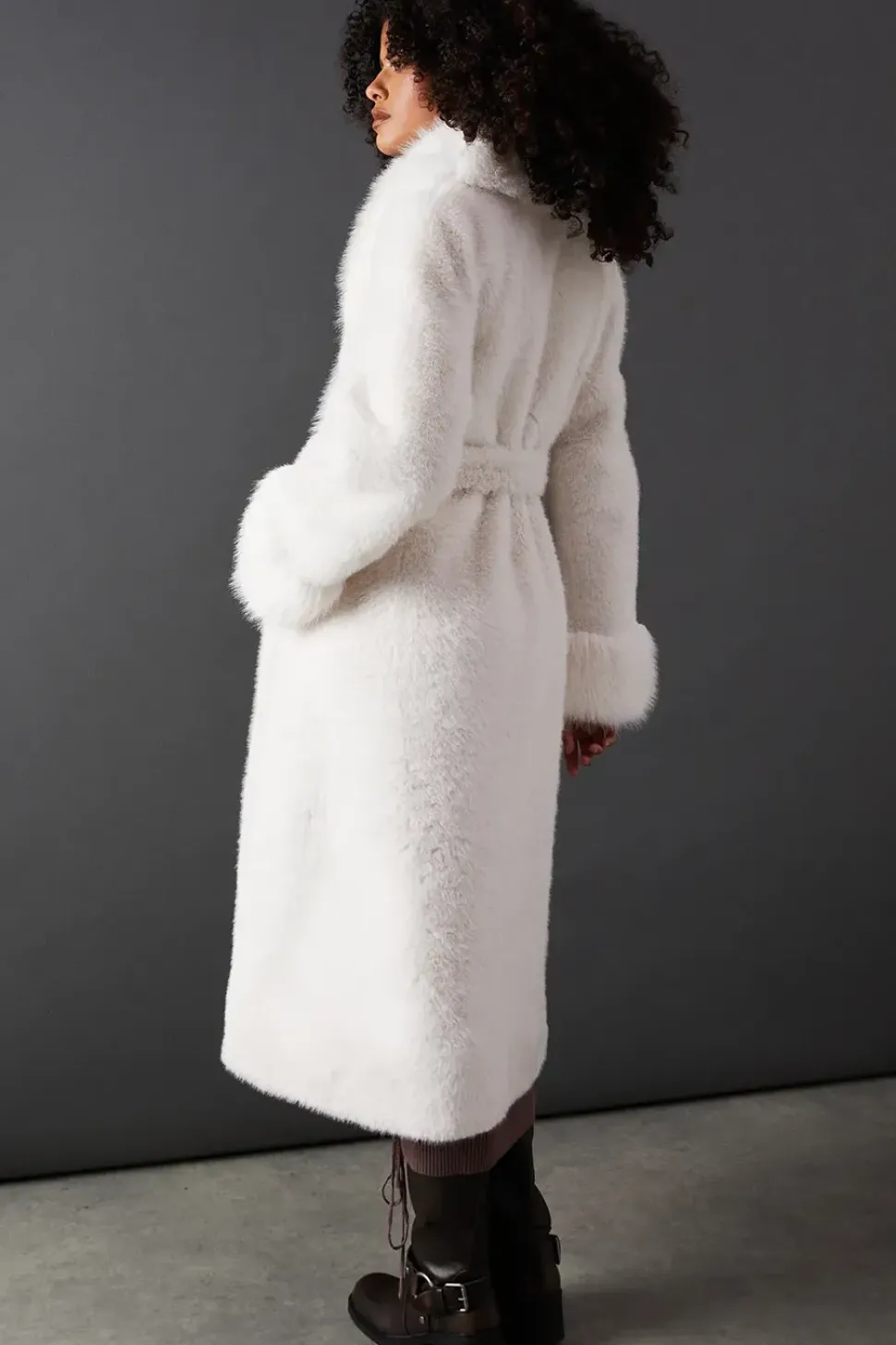 Faux Fur Longline Belted Coat