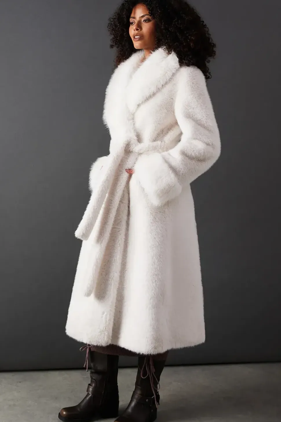 Faux Fur Longline Belted Coat