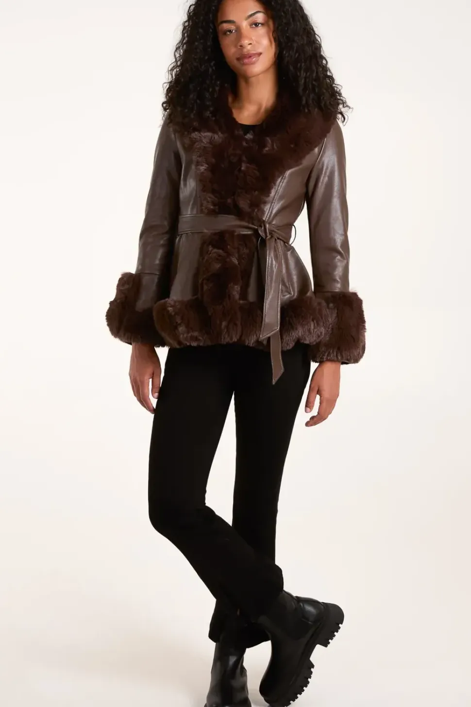 Faux Fur PU Coat With Belt