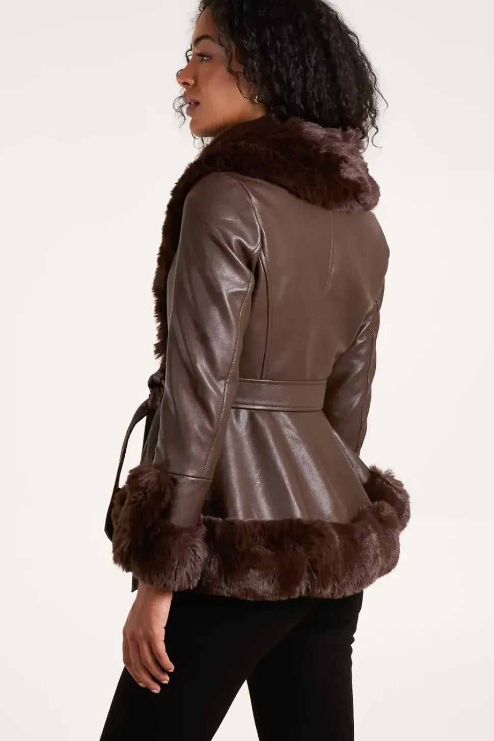 Faux Fur PU Coat With Belt