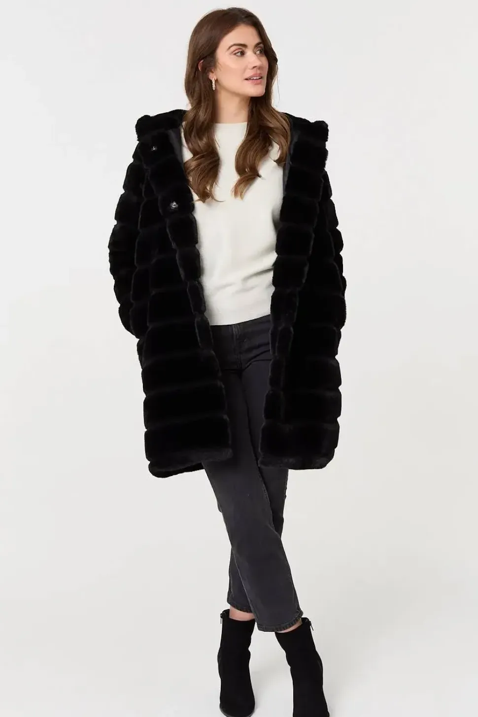 Faux Fur Thigh Length Hooded Jacket