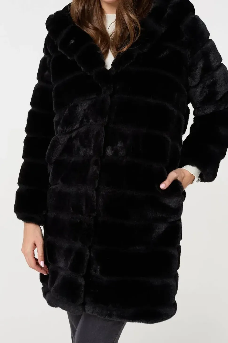 Faux Fur Thigh Length Hooded Jacket