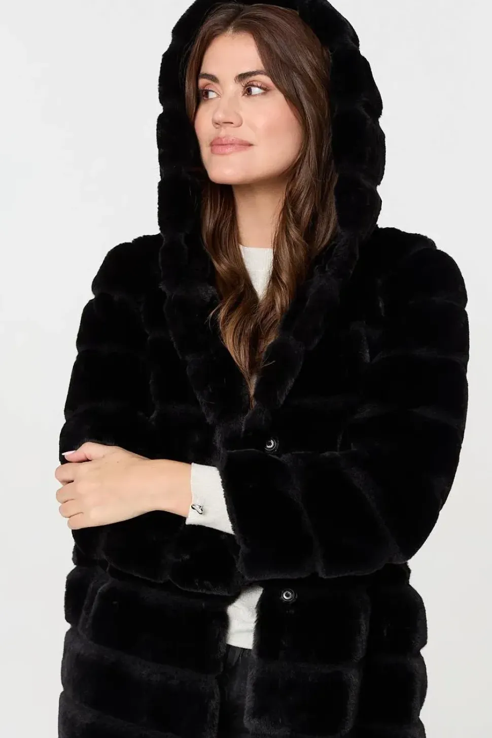 Faux Fur Thigh Length Hooded Jacket
