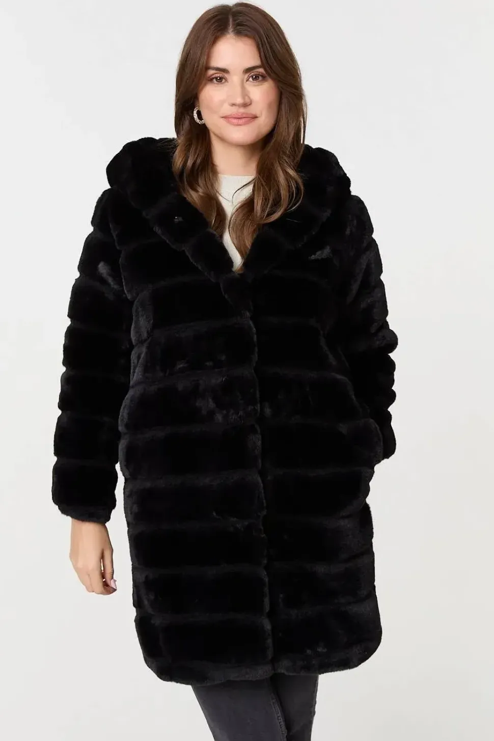 Faux Fur Thigh Length Hooded Jacket