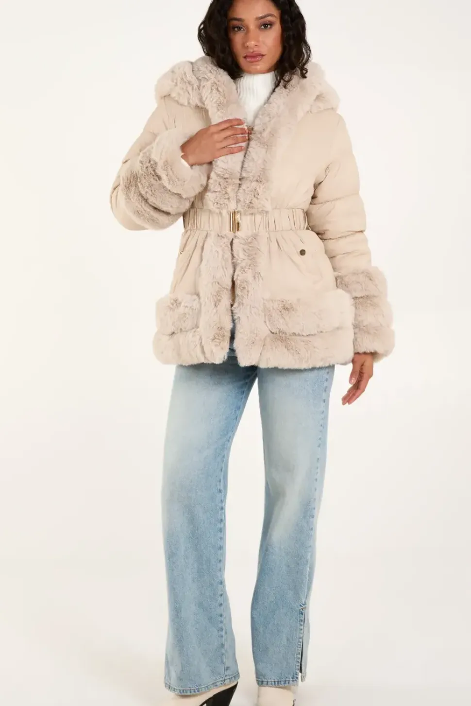 Faux Fur Trim Belted Puffer Coat