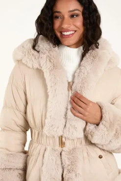 Faux Fur Trim Belted Puffer Coat