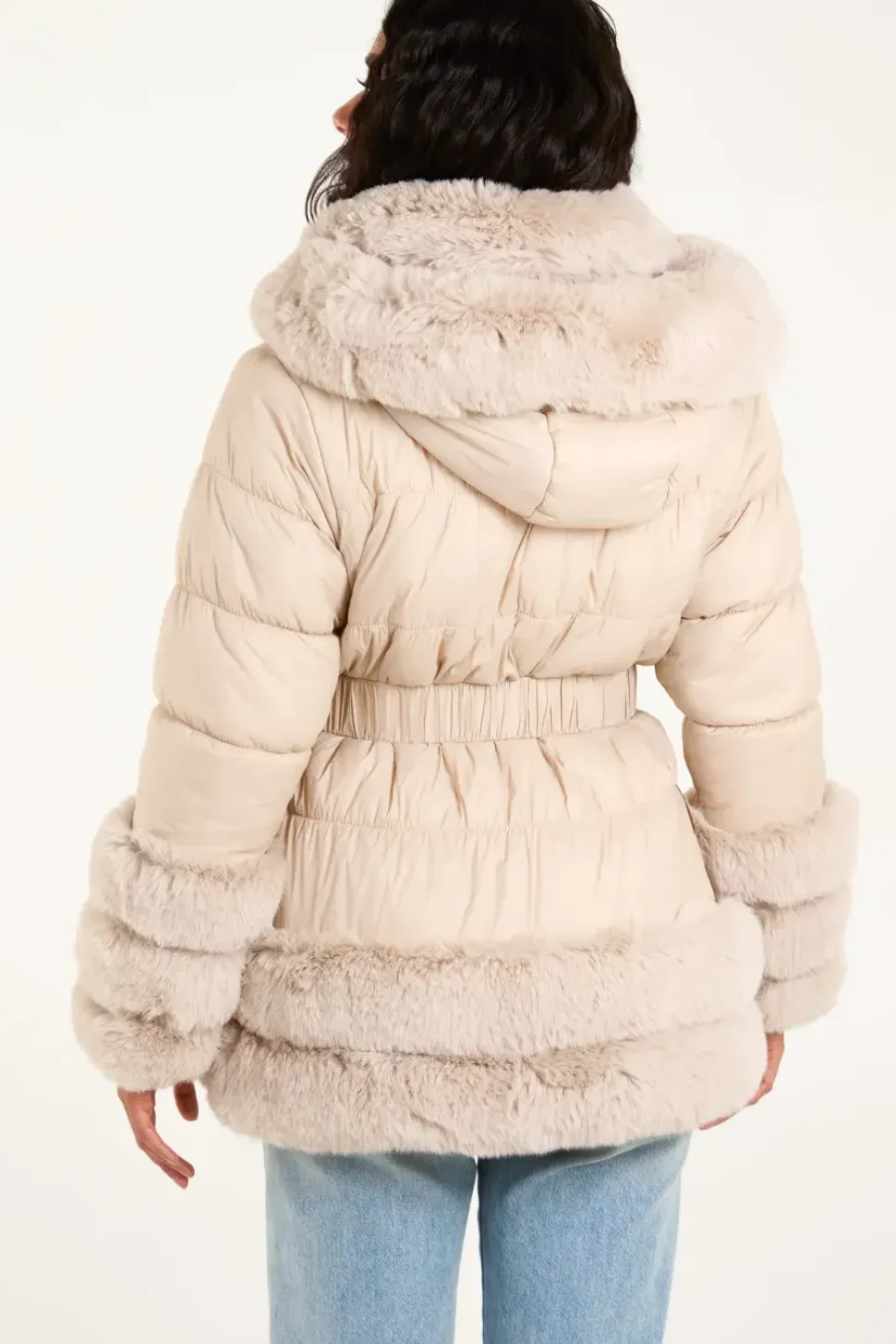 Faux Fur Trim Belted Puffer Coat
