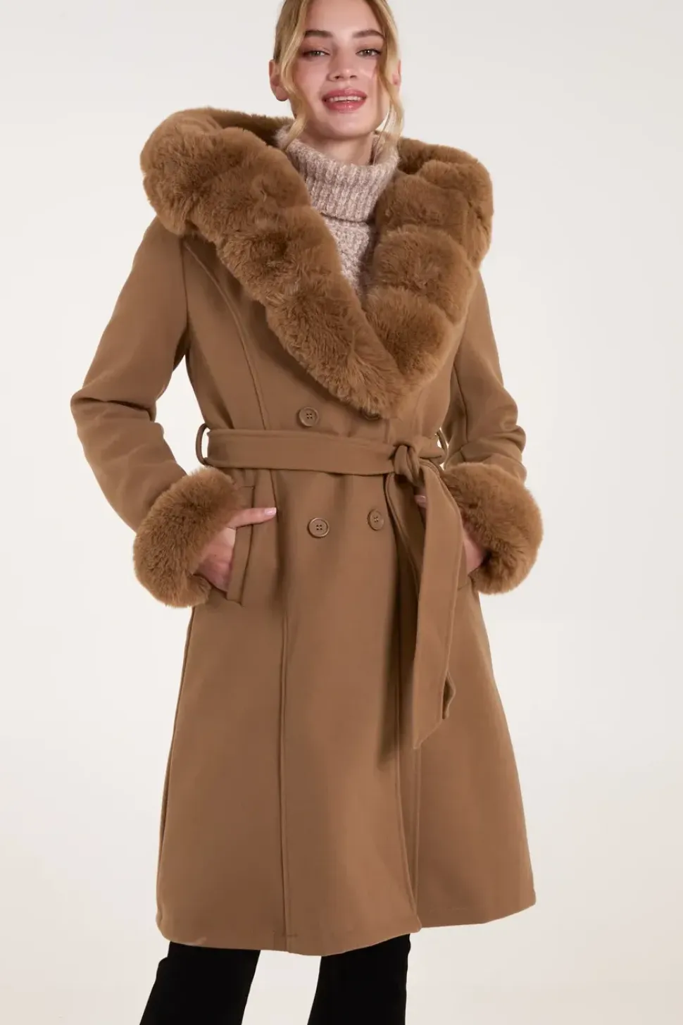 Faux Fur Trim Double Breasted Coat