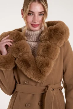 Faux Fur Trim Double Breasted Coat