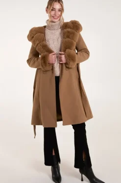 Faux Fur Trim Double Breasted Coat