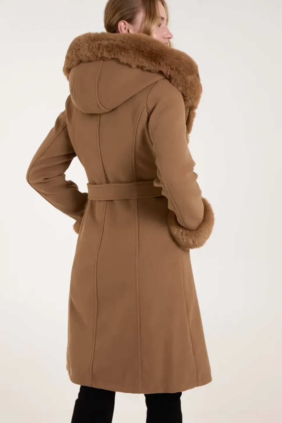 Faux Fur Trim Double Breasted Coat