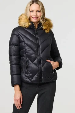 Faux Fur Trim Hooded Puffer Jacket