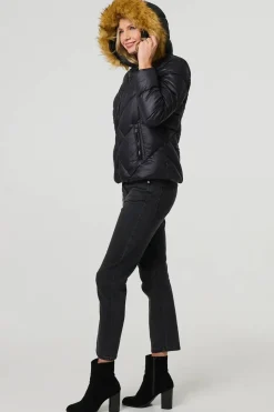 Faux Fur Trim Hooded Puffer Jacket
