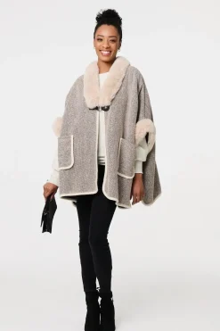 Faux Fur Trim 1/2 Sleeve Buckled Poncho