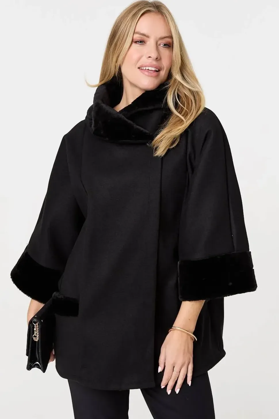 Faux Fur Trim 3/4 Sleeve Cape Coat