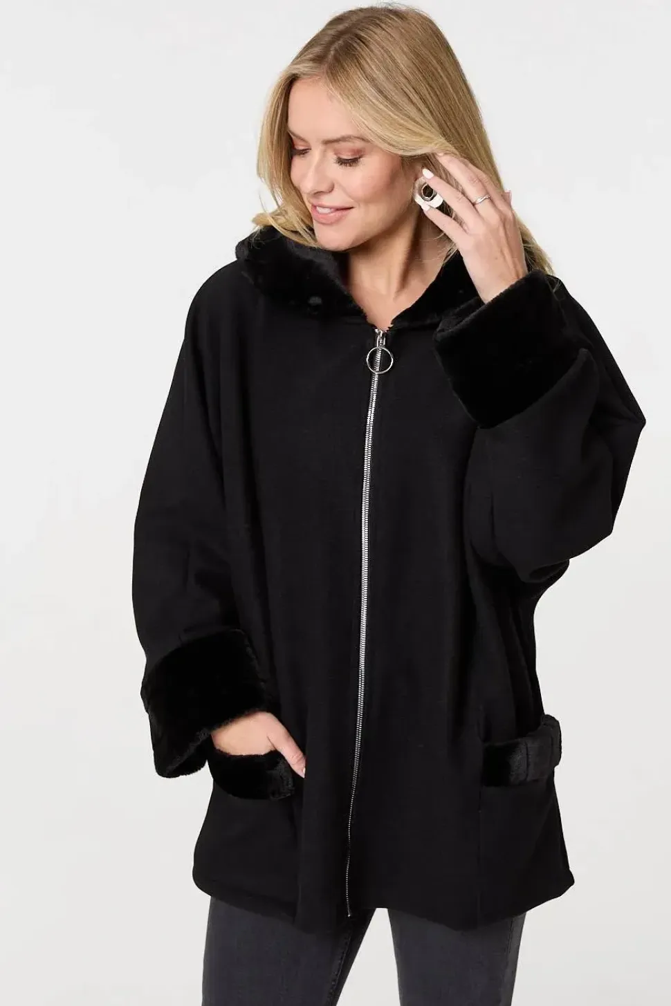 Faux Fur Trim Zip-Up Relaxed Jacket