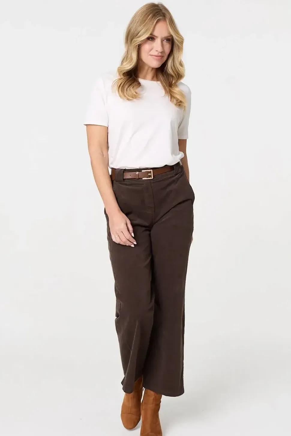 Faux Leather Belt Corduroy Trousers