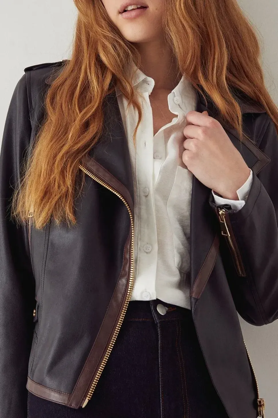 Faux Leather Contrast Trim Biker