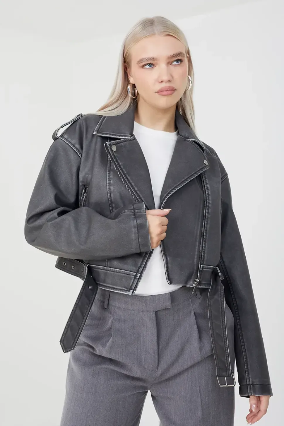 Faux Leather Cropped Biker Jacket
