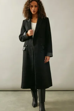 Faux Leather Detail Wool Belted Coat