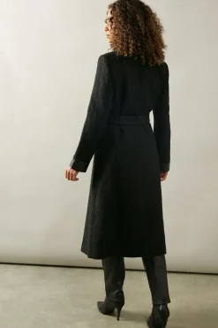Faux Leather Detail Wool Belted Coat