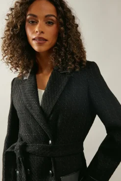 Faux Leather Detail Wool Belted Coat