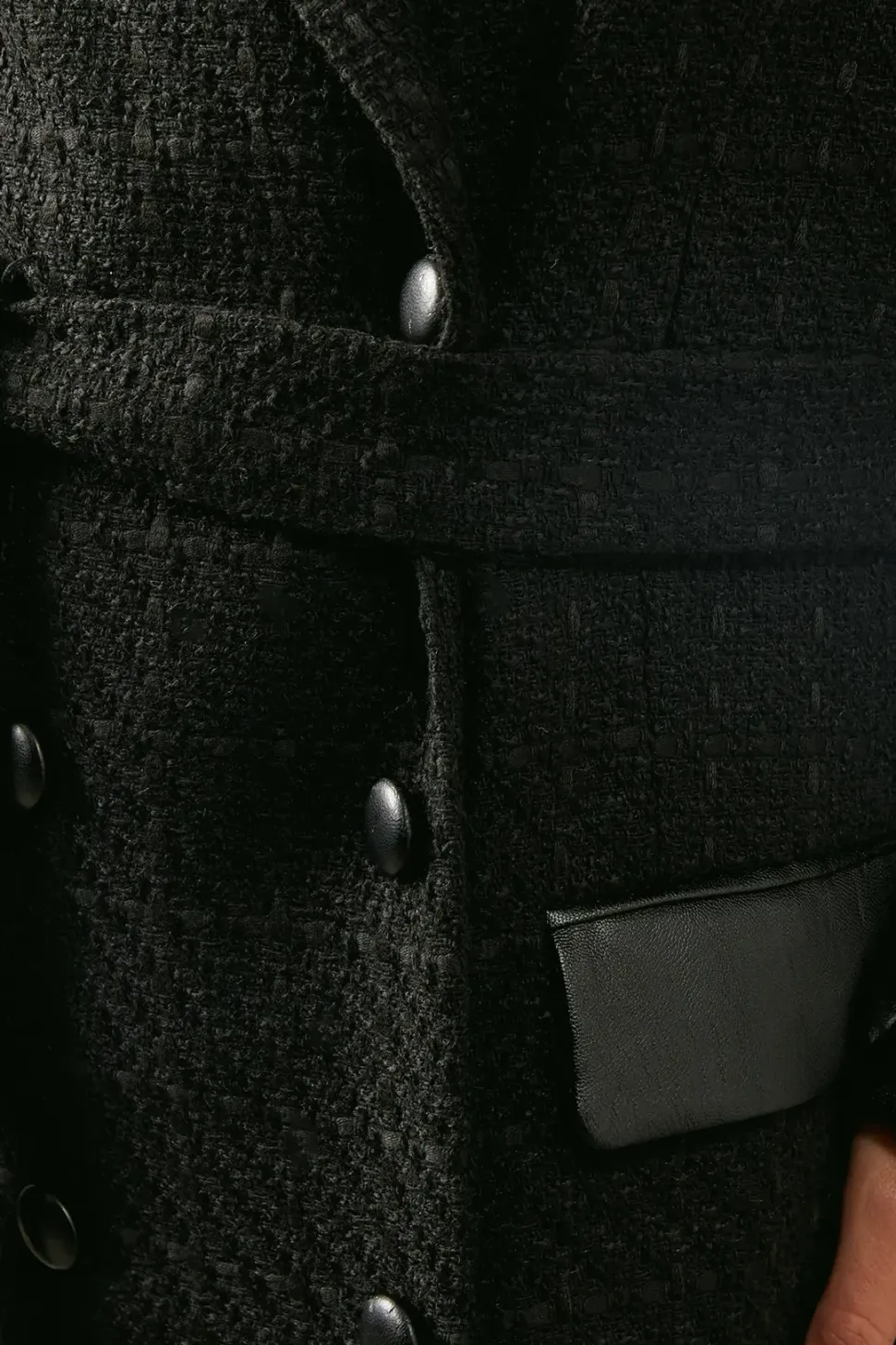 Faux Leather Detail Wool Belted Coat