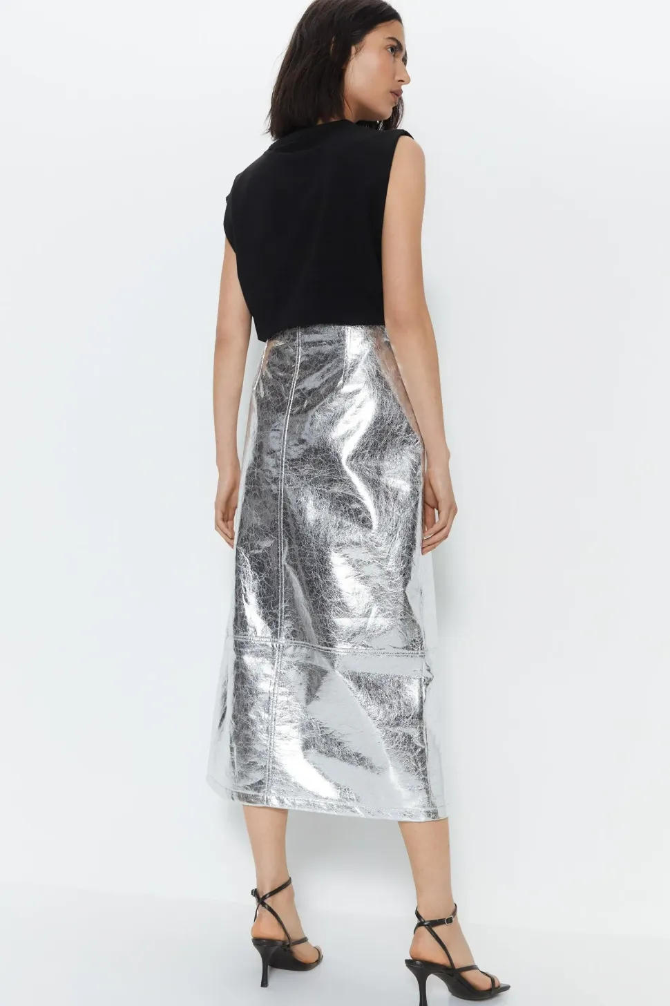 Faux Leather Metallic Crackle Midi Skirt