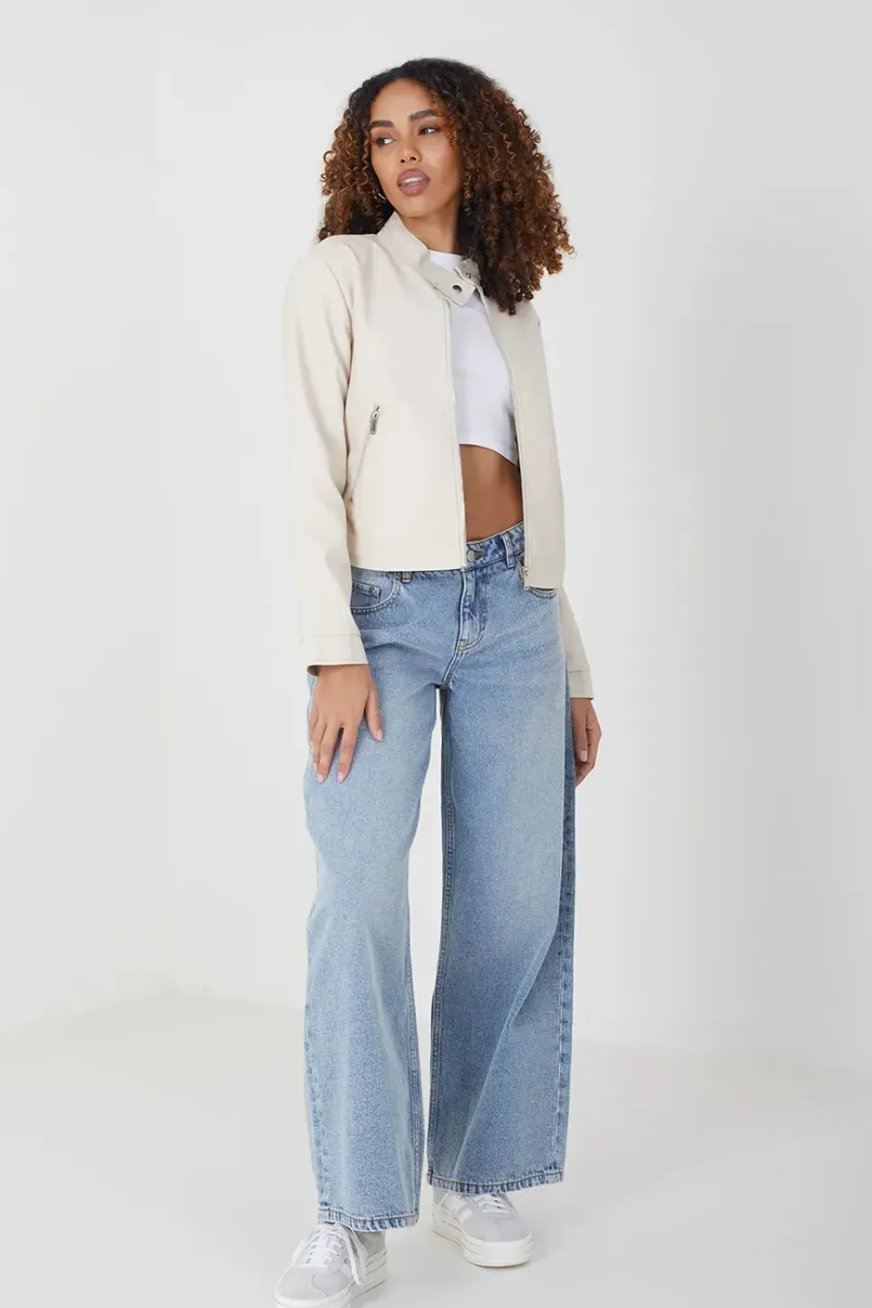 Faux Leather Round Neck Biker Jacket