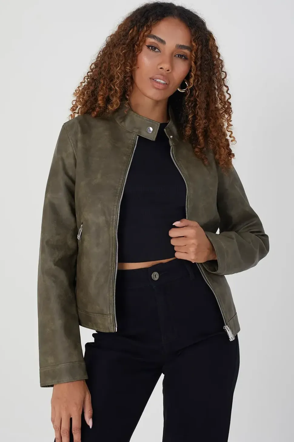 Faux Leather Round Neck Biker Jacket