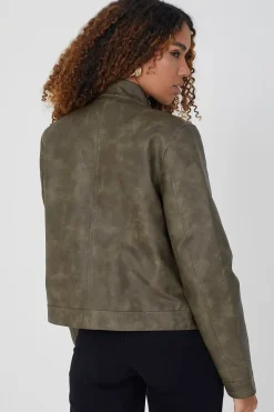Faux Leather Round Neck Biker Jacket