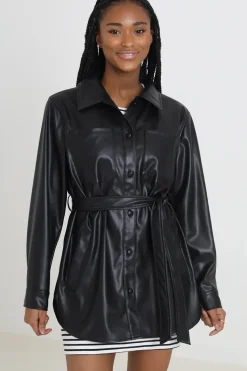 Faux Leather Self Tie Shacket