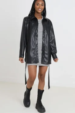 Faux Leather Self Tie Shacket